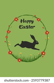 Happy Easter Background, Greeting Card with Bunny Silhouette and Red Flowers, Vector illustration, Hand Drawn Style