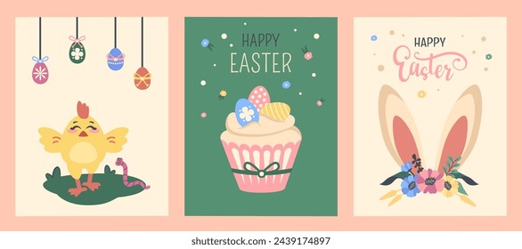 Happy Easter background. Greeting cards set. Festive posters with bunny ears, painted eggs, Easter cake, cute chick. Elegant font, color flowers, Easter wreath. Clipart. Vector cartoon illustration