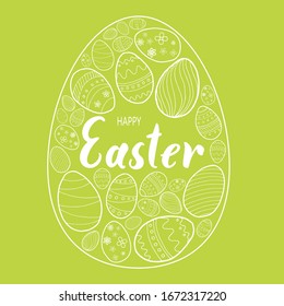 Happy Easter background with hand drawing holiday eggs and lettering, greeting card with white silhouette. EPS 10 vector