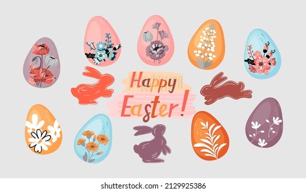 Happy Easter background with hand drawn various eggs painted with flower arrangements,silhouettes of Easter rabbits and hand lettered text.Contemporary stock vector illustration isolated on gray.