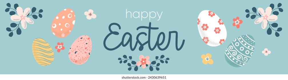 Happy Easter background with hand drawn eggs, flowers, greenery and text. Cute vector illustration, Easter doodle background for horizontal poster, greeting card, website header, home decor.