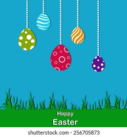 Happy Easter background with hanging eggs. 