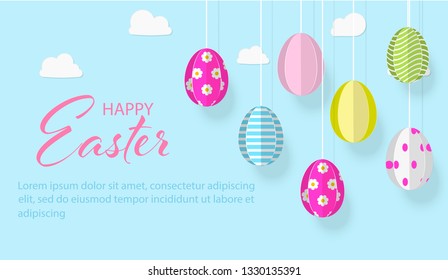 Happy Easter background with hanging paper cut eggs and clouds on blue sky. Vector illustration. For web banner, greeting card, ad, invitation