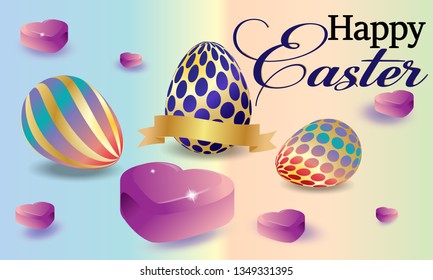 Happy Easter background with hearts and eggs. Vector.
