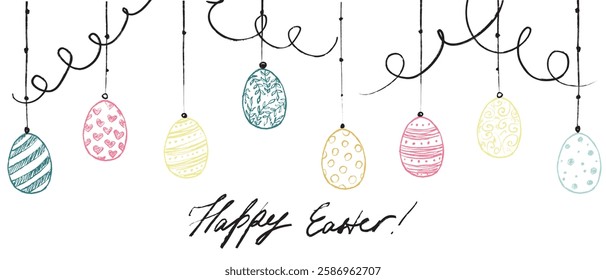 Happy Easter background. Easter holiday greeting card design. Easter eggs on strings in brush stroke texture isolated on white . Hand drawn vector sketch illustration in vintage charcoal ink