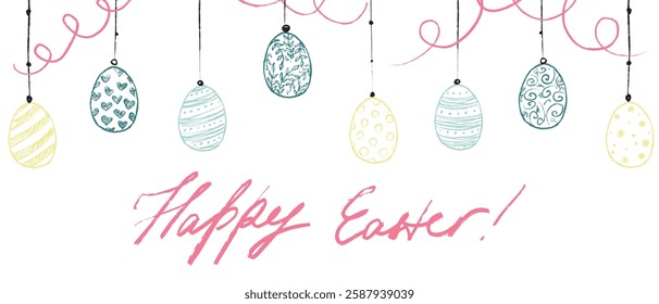 Happy Easter background. Easter holiday greeting card design. Easter eggs on strings in brush stroke texture isolated on white . Hand drawn vector sketch illustration in vintage charcoal ink