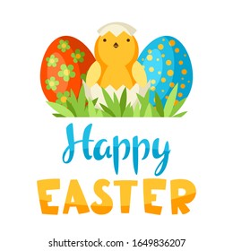Happy Easter background with holiday items. Decorative symbols and objects, eggs, bunnies.
