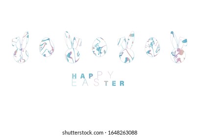 Happy Easter background with holographic foil on white. decorated eggs and rabbit. Greeting card trendy design. Invitation template Vector illustration for you poster or flyer.