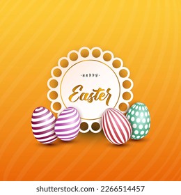 Happy easter background illustration with painted eggs on shiny yellow background