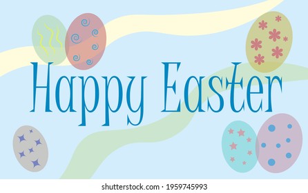 Happy easter. Background with inscription and Easter eggs. Decorations for the holiday. Vector. Postcard.