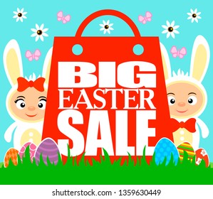 Happy Easter background with kids in white rabbits costume.Vector illustration