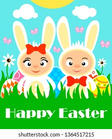 Happy Easter background with kids in white rabbits costume.Vector illustration