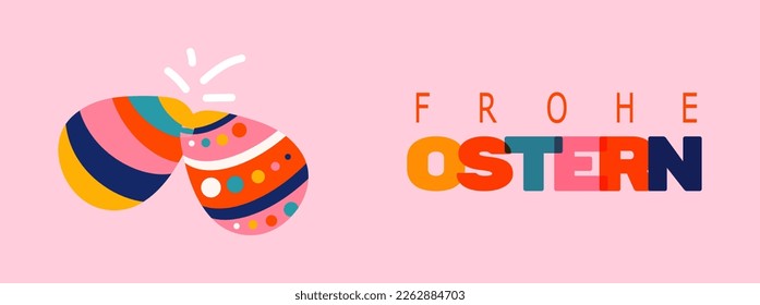 Felices antecedentes de Pascua con huevos que golpean. Texto en alemán Frohe Ostern. Huevos geométricos coloridos y tipografía brillante y audaz. Cartel, plantilla de banner. Ilustración del vector