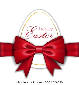 Happy Easter background, lettering, egg. Greeting Easter 3D card. Gold decoration frame, handwritten inscription. Holiday design poster, flyer, banner. Calligraphy retro letter Vector illustration