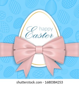 Happy Easter background, lettering, eggs. Greeting Easter 3D card. Gold decoration frame, handwritten inscription. Holiday design poster, flyer, banner. Calligraphy retro letter Vector illustration