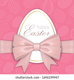 Happy Easter background, lettering, eggs. Greeting Easter 3D card. Gold decoration frame, handwritten inscription. Holiday design poster, flyer, banner. Calligraphy retro letter Vector illustration