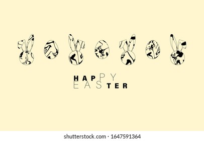 Happy Easter background with line black on white. Marble decorated eggs and bunny rabbit shape. Greeting card trendy design. Invitation template Vector illustration for you poster or flyer.