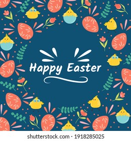 Happy Easter background with lovely chicken, flowers and leaves. Spring holiday banner or greeting card. Flat illustration