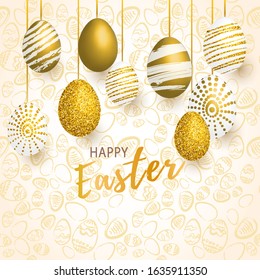 Happy Easter background with many realistic golden shine decorated eggs. Vector illustration greeting card, ad, promotion, poster, flyer, web-banner, article
