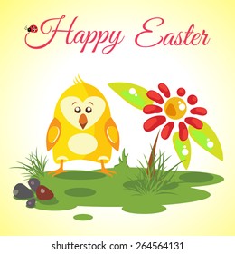 Happy Easter background meadow with cute chicken and red flower, vector illustration