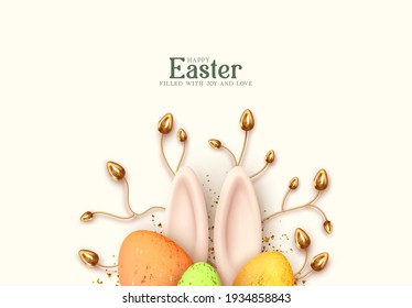 Happy Easter Background. Modern Creative holiday, Banner and poster, cover brochure. Festive Easter Design flyer, greeting card. Realistic 3d Rabbit ears, decor gold branch, eggs. Vector illustration