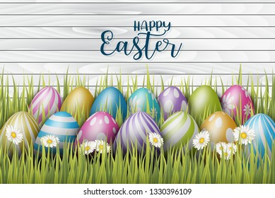 Happy Easter background with painted 3d realistic eggs in green glass and flowers on wooden backdrop. Vector illustration.