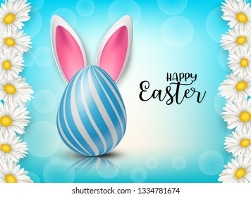 Happy Easter background with painted 3d realistic egg and bunny ears behind on blue backdrop with flowers. Vector illustration.