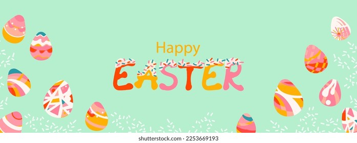 Felices antecedentes de Pascua con huevos pintados Ilustración vectorial aislada en verde claro. Huevos geométricos y tipografía escrita a mano. Plantilla de cartel