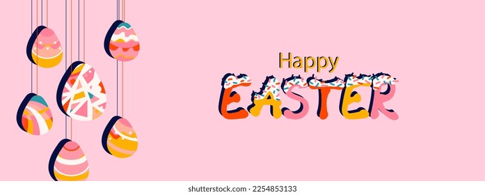 Happy Easter background with painted eggs Vector illustration isolated on pink. Colorful geometric eggs hanging on strings. Handwritten typography. Poster, banner template