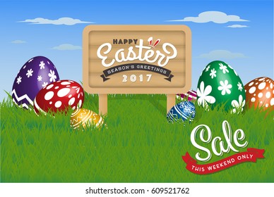 Happy Easter Background. Painting Eggs Hidden on Grass and Happy Easter Typographic on Wooden Sign Board. Vector illustration