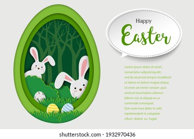 Happy Easter background with paper art of bunny and Easter eggs on spring forest,vector illustration