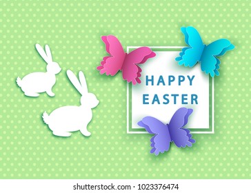 Happy easter background with  paper  butterfly and  bunny. Spring. Vector flat design poster, greeting  card  template.