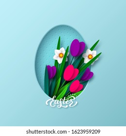Happy Easter background with paper cut egg and spring flowers tulip and narcissus, hand written lettering. Turquoise floral background. Vector.