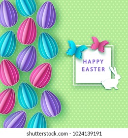 Happy easter background with  paper  eggs,  butterfly and  bunny. Vector flat design poster   template.