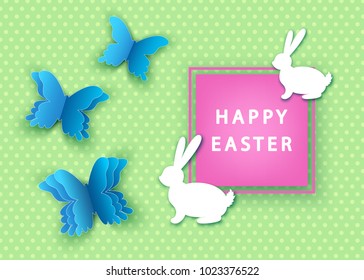 Happy easter background with  papercut  blue  butterfly and  bunny. Spring. Vector flat design poster, greeting  card  template.