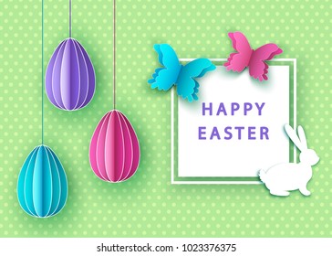 Happy easter background with  papercut  colorful  eggs,  butterfly and  bunny. Spring. Vector flat design poster, greeting  card  template.