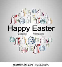 Happy Easter background with papercut decorated eggs, bunny, Easter cake and cross . Greeting card trendy design. Invitation template Vector illustration for you poster or flyer.