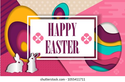 Happy Easter background with papercut decorated eggs, bunny. Greeting card trendy design. Invitation template Vector illustration for you poster or flyer.