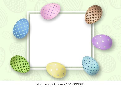 Happy Easter background, pastel eggs texture. Decoration paper frame. Greeting Easter 3D card. Border template, empty copy space. Holiday design poster, banner, invitation Vector illustration