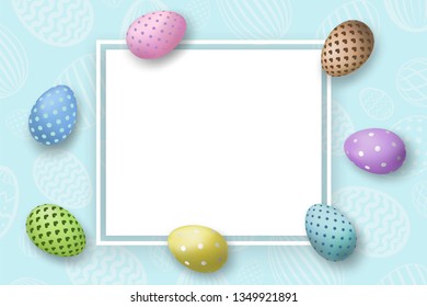 Happy Easter background, pastel eggs texture. Decoration paper frame. Greeting Easter 3D card. Border template, empty copy space. Holiday design poster, banner, invitation Vector illustration