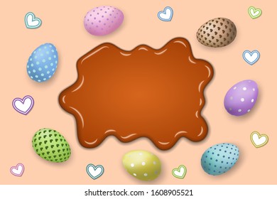 Happy Easter background, pastel eggs texture, caramel sauce. Decoration frame. Greeting Easter 3D card. Border template, empty space. Holiday design poster, banner, invitation Vector illustration