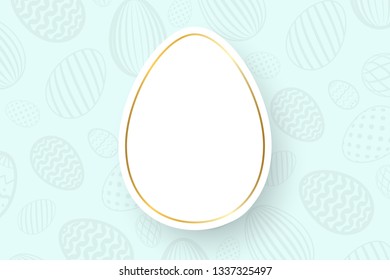 Happy Easter background, pastel textured eggs. Gold decoration paper frame. Greeting Easter 3D card. Border template, empty copy space. Holiday design poster, banner, invitation Vector illustration