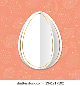 Happy Easter background, pastel textured eggs. Gold decoration paper frame. Greeting Easter 3D card. Border template, empty copy space. Holiday design poster, banner, invitation Vector illustration