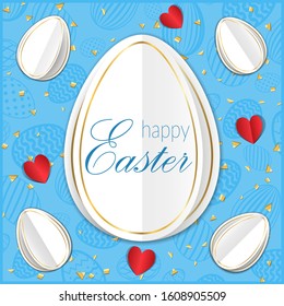 Happy Easter background, pastel textured eggs. Gold decoration paper frame. Greeting Easter 3D card. Border template, hearts. Holiday design for poster, banner, invitation Vector illustration