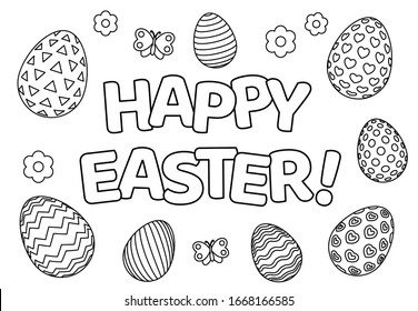 Happy Easter background with patterned eggs, flowers and butterfly for coloring book page. Vector illustration.