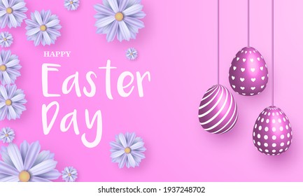 Happy Easter background with pink decorated eggs and flowers. vector illustration