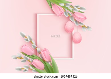 Fröhlicher Osterhintergrund mit rosafarbenen fotorealistischen Tulpen und wilden Ästen mit Ostereiern, die darauf hängen. Frische rosafarbene Kulisse und weißer Rahmen. Vektorgrafik.
