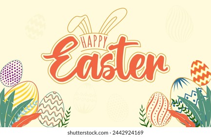 Happy Easter background, poster or holiday covers. Template design with typography, flowers, eggs and bunny ears . Vector illustration .