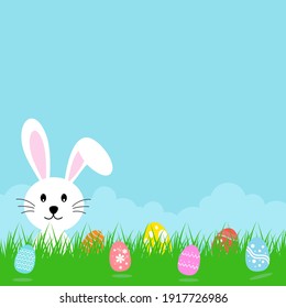 Happy Easter background with rabbit and eggs on blue background.