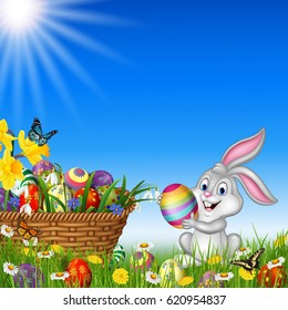 Happy Easter background with rabbit holding an Easter egg